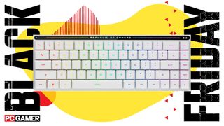 Asus' Falchion RX Low-profile keyboard on a yellow background.