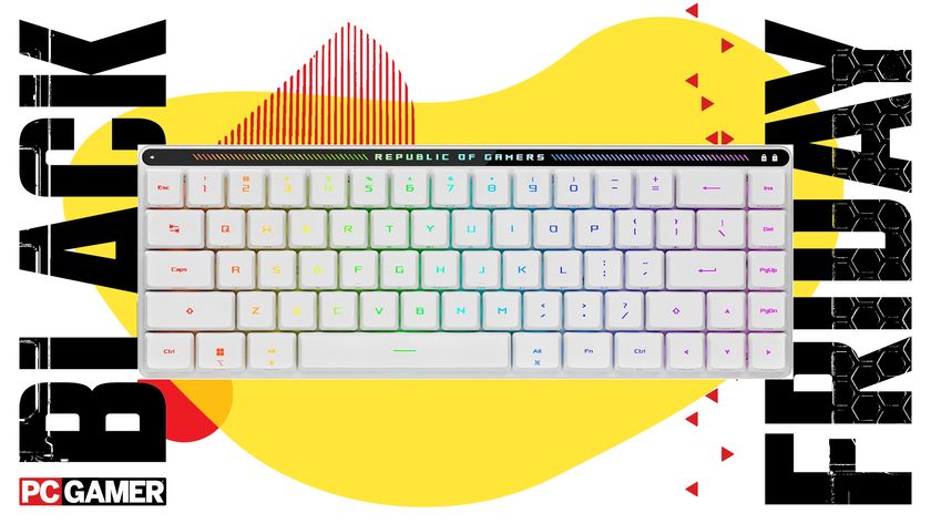 Asus&#039; Falchion RX Low-profile keyboard on a yellow background.