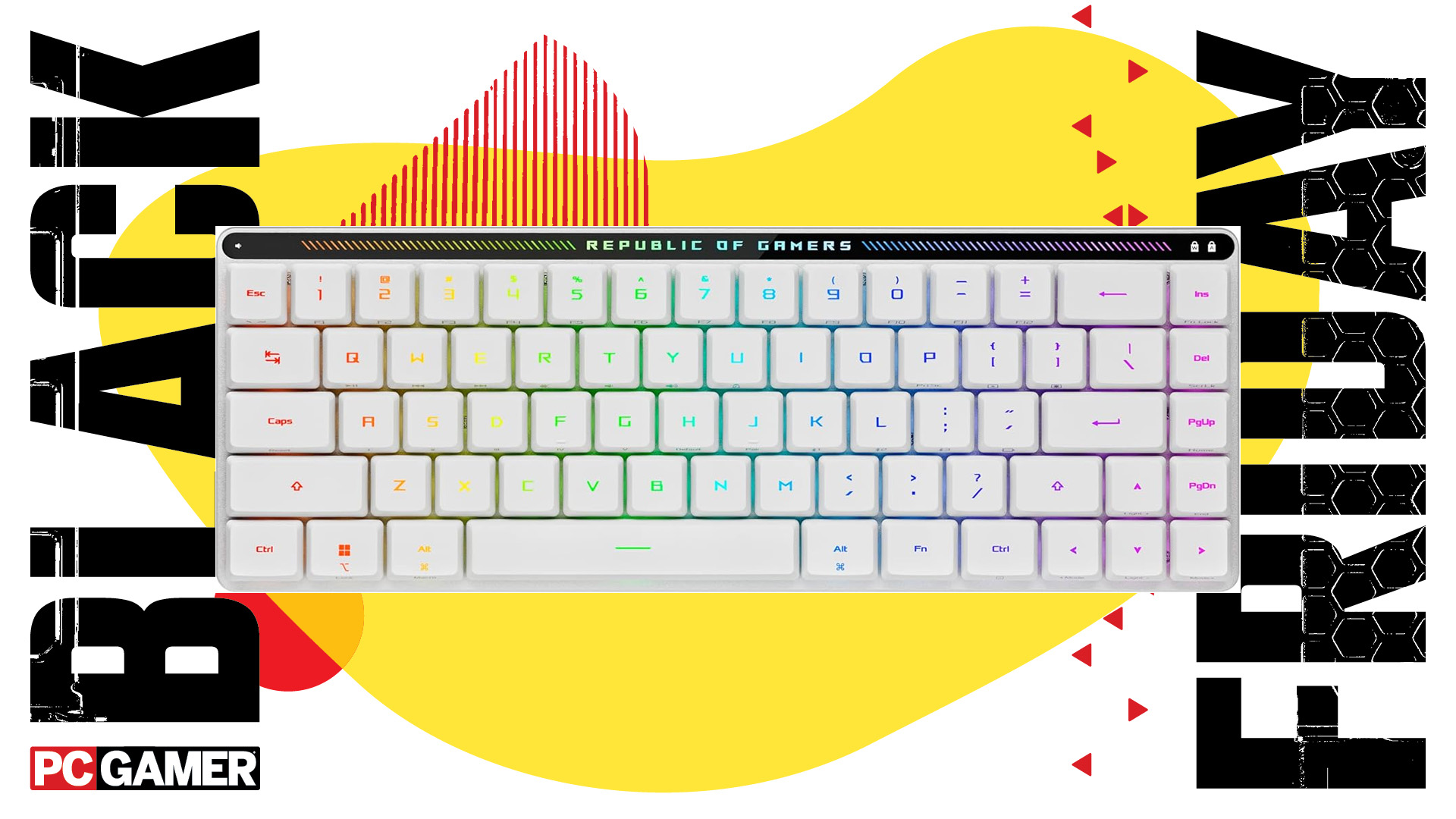 Asus&#039; Falchion RX Low-profile keyboard on a yellow background.