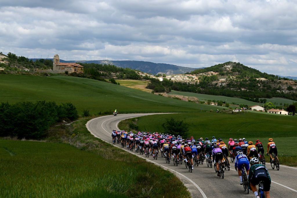 MEDINA DE POMAR SPAIN MAY 18 A general view of the peloton passing through a landscape during the 8th Vuelta a Burgos Feminas 2023 Stage 1 a 1156km stage from Quintanaortuo to Medina de Pomar UCIWWT on May 18 2023 in Medina de Pomar Spain Photo by Dario BelingheriGetty Images