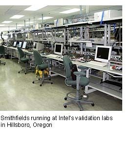 Visually most impressive is the lab that is testing the processors. At the time of our visit at the end of April, the lab at the campus in Hillsboro, Oregon, held 200 debug platforms running the Smithfield (Pentium D) processor. The units generate about 500 GByte of data each week or almost 20 TByte of data during the nine month long validation process of Smithfield.