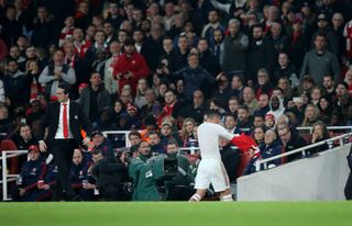 Arsenal head coach Unai Emery turns away as Arsenal captain Granit Xhaka takes off his shirt and walks straight down the tunnel after being substituted during the Premier League match between Arsenal FC and Crystal Palace at Emirates Stadium on October 27, 2019 in London, United Kingdom.