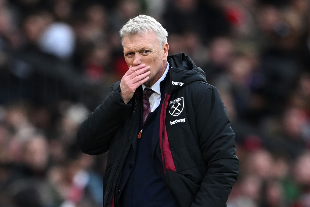 David Moyes, Manager of West Ham United, reacts during the Premier League match between Manchester United and West Ham United at Old Trafford on February 04, 2024 in Manchester, England. (Photo by Michael Regan/Getty Images)