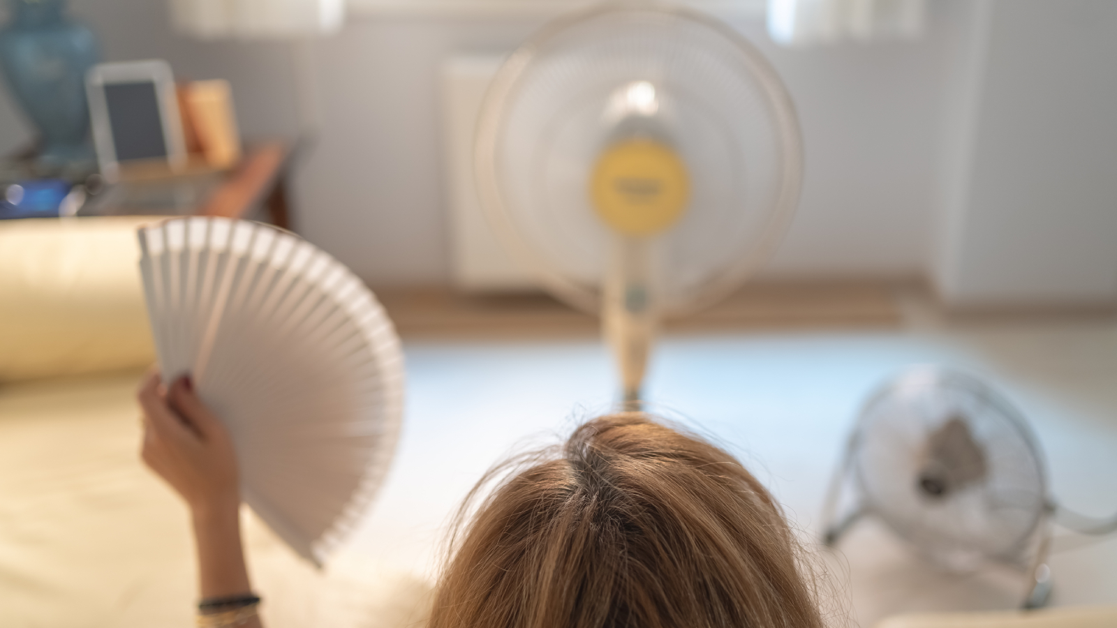 Woman sitting on a sofa with several fans giving her air and a fan in her hand, high summer temperatures