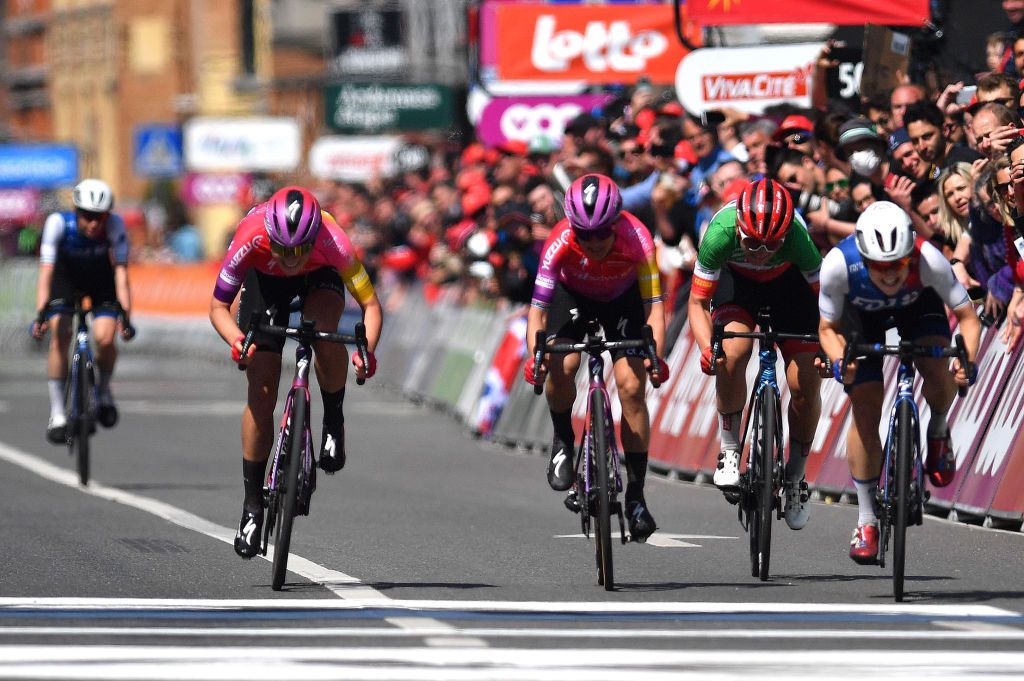 LIEGE BELGIUM APRIL 24 LR Demi Vollering of Netherlands Ashleigh Moolman Pasio of South Africa and Team SD Worx Elisa Longo Borghini of Italy and Team Trek Segafredo and Grace Brown of Australia and Team FDJ Nouvelle Aquitaine Futuroscope sprint at finish line during the 6th Liege Bastogne Liege 2022 Femmes a 1421km one day race from Bastogne to Lige LBL LBLwomen UCIWWT on April 24 2022 in Liege Belgium Photo by Luc ClaessenGetty Images