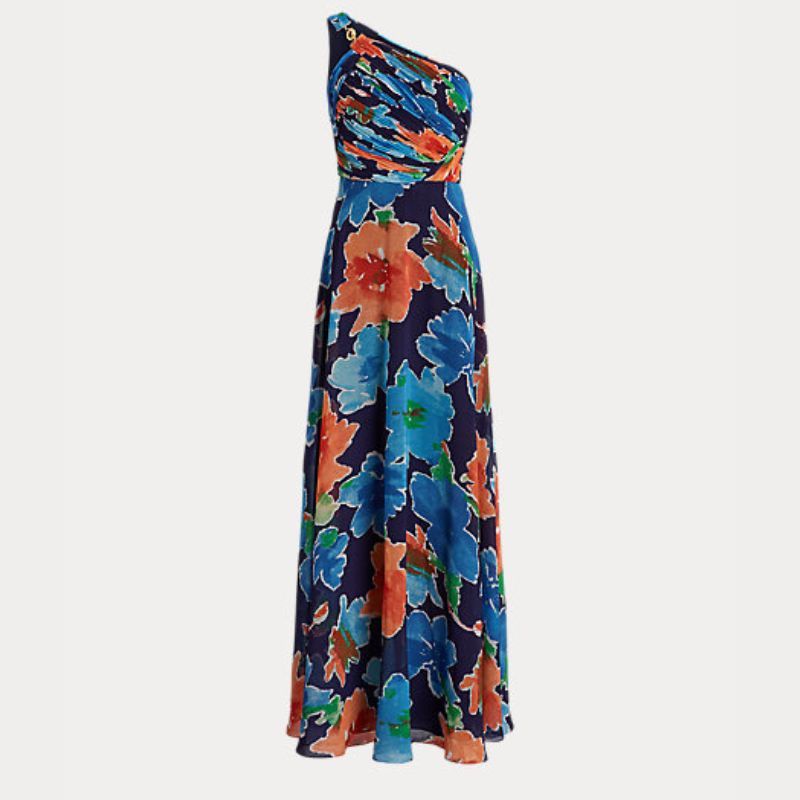 ralph lauren floral asymmetric one shoulder dress flat lay