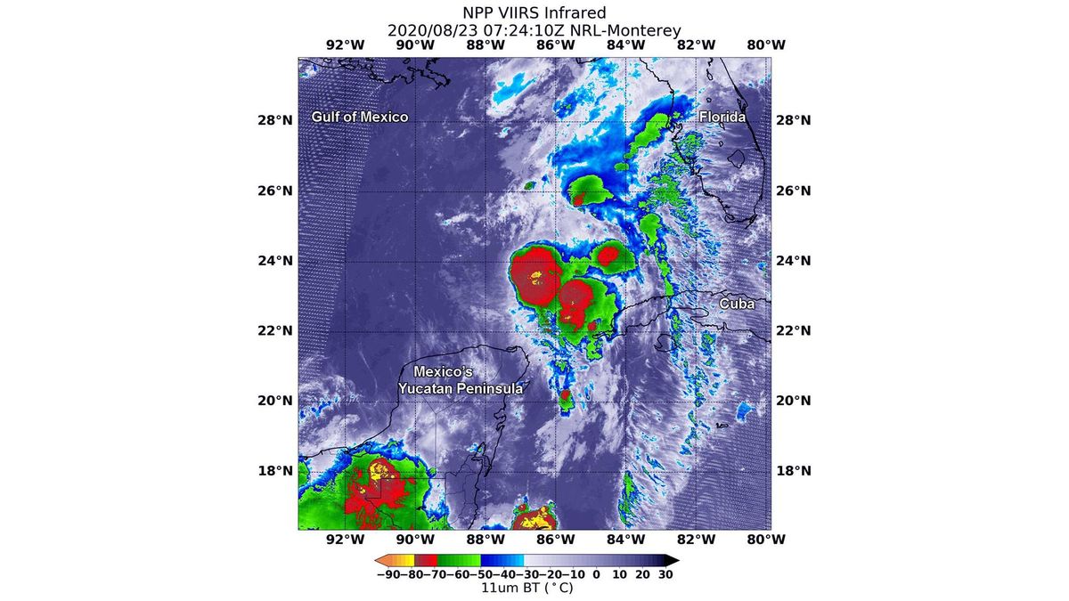 The MODIS instrument aboard NASA's Terra satellite captured infrared views of Tropical Storm Marco as it moved toward the coast of Louisiana on Aug. 23, 2020.