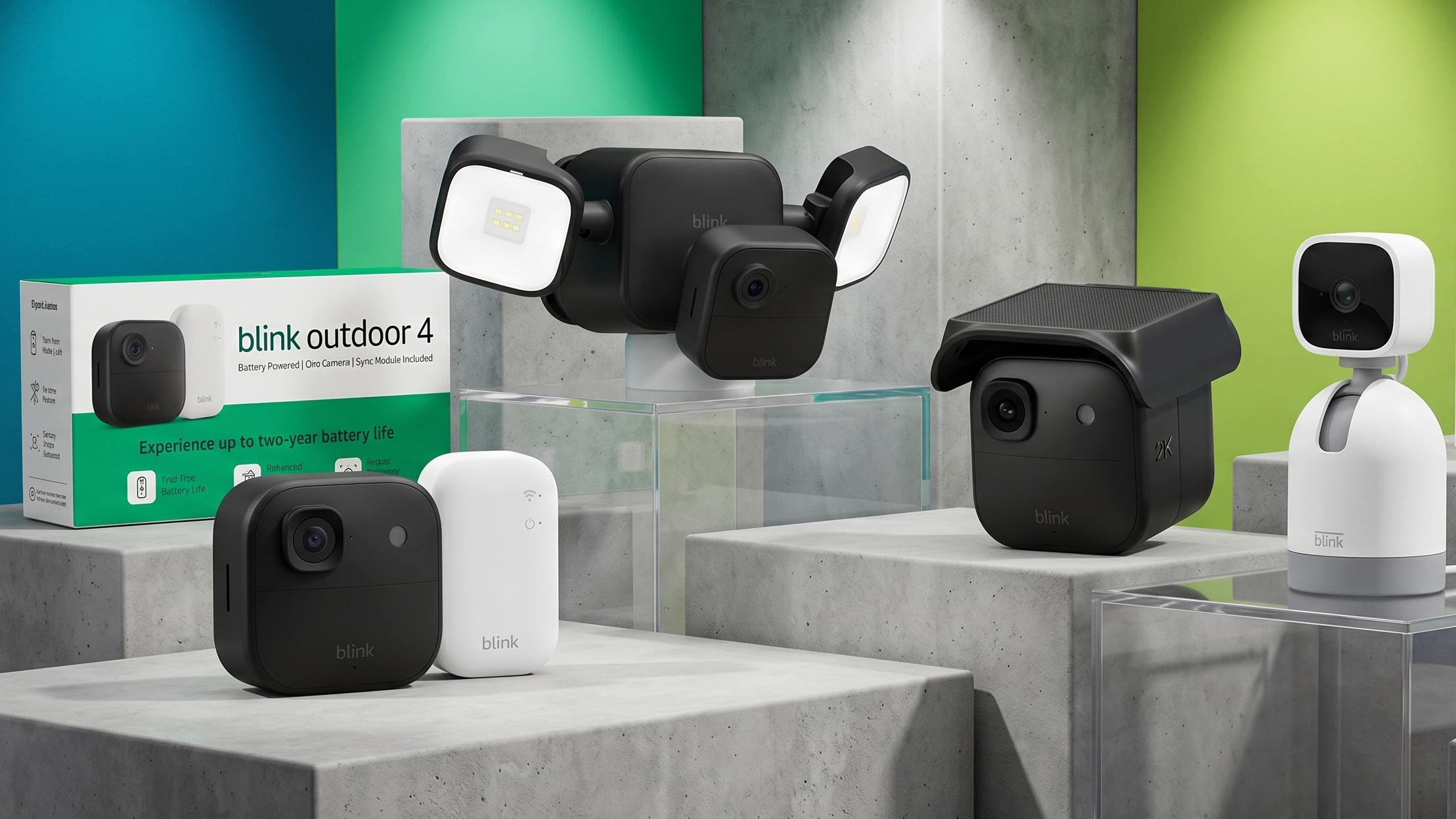 Selection of Blink home security cameras on podiums