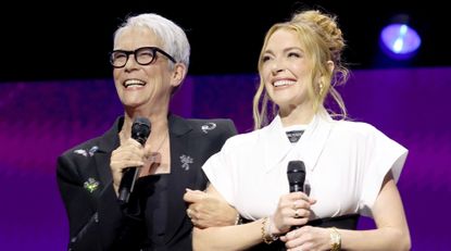 Jamie Lee Curtis and Lindsay Lohan appear at the Disney Entertainment Showcase at D23: The Ultimate Disney Fan Event in Anaheim, California on August 09, 2024. 