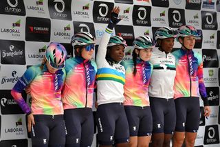 DURANGO SPAIN MAY 14 Lovina Ese Ukpeseraye of Nigeria Anastasiya Kolesava of Belarus Diane Ingabire of Rwanda Maude Le Roux of South Africa Daniela Schmidsberger of Austria Jule Markl of Germany and Team CanyonSRAM Generation prior to the 23rd Durango Durango Emakumeen Saria 2024 a 113km one day race from Durango to Durango on May 14 2024 in Durango Spain Photo by Alex BroadwayGetty Images