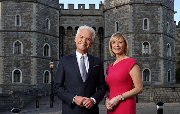 Phillip Schofield and Julie Etchingham outside Windsor Castle, as they front ITV&#039;s coverage of Meghan and Harry&#039;s wedding on Saturday 19th May