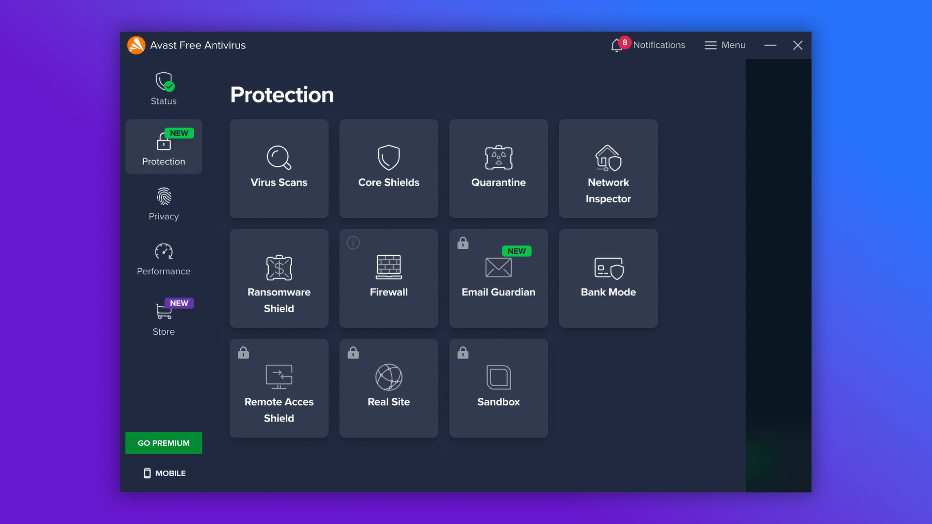 Avast Free Protection menu