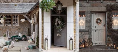 Three examples of outdoor christmas decor ideas, outside drive decorated with festive props, doorway with pillars decorated with lanterns and wreath, doors and window decorated with lights