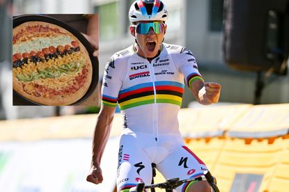 Remco Evenepoel and his rainbow pizza