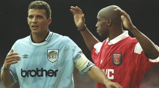 30 Aug 1994: Portrait of Keith Curle (left) of Manchester City and Ian Wright of Arsenal during an FA Carling Premiership match at Highbury Stadium in London. \ Mandatory Credit: Clive Mason/Allsport