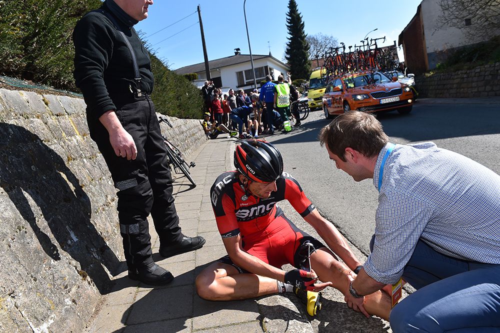 Marcus Burghardt (BMC Racing) has treatment after his Flanders crash
