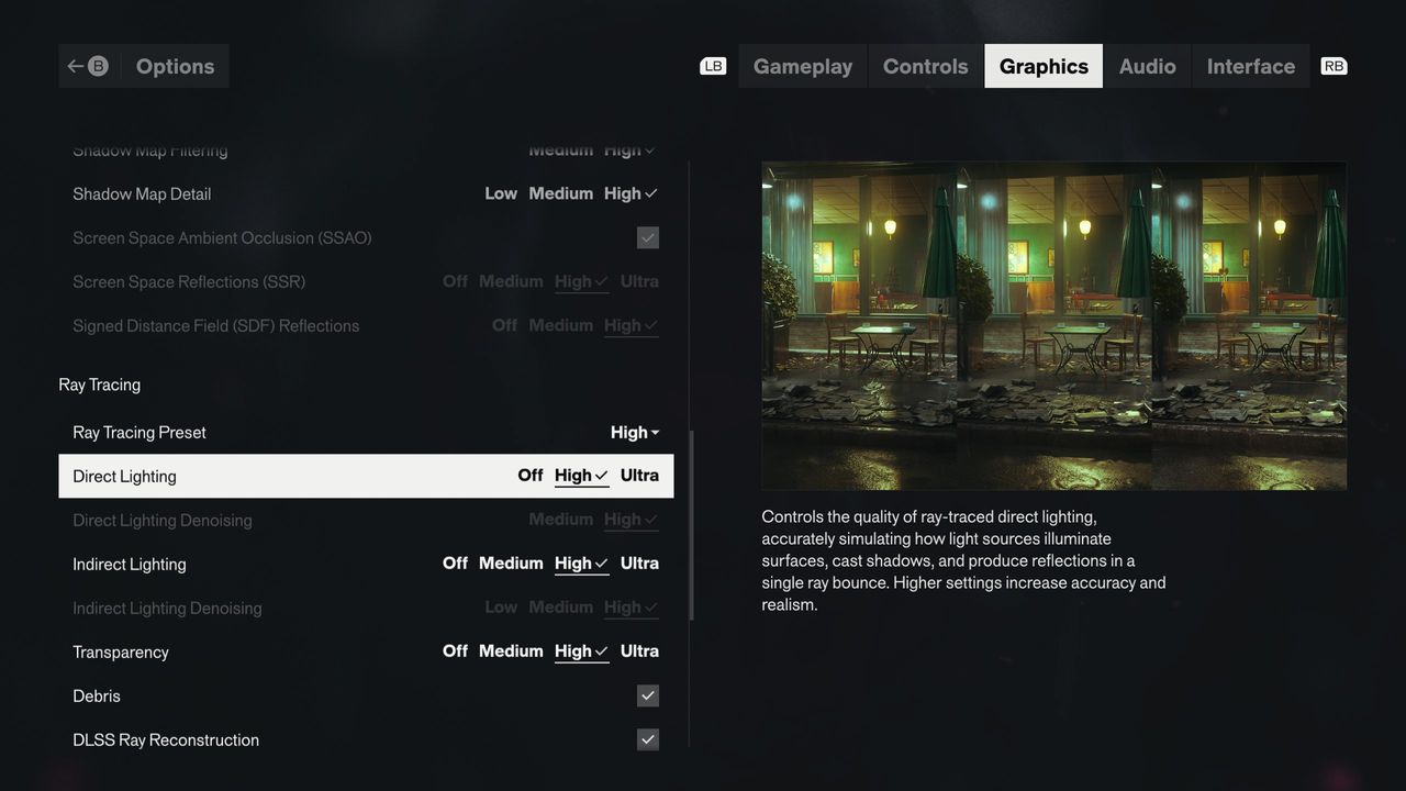 The graphics setting menus for Control Resonant
