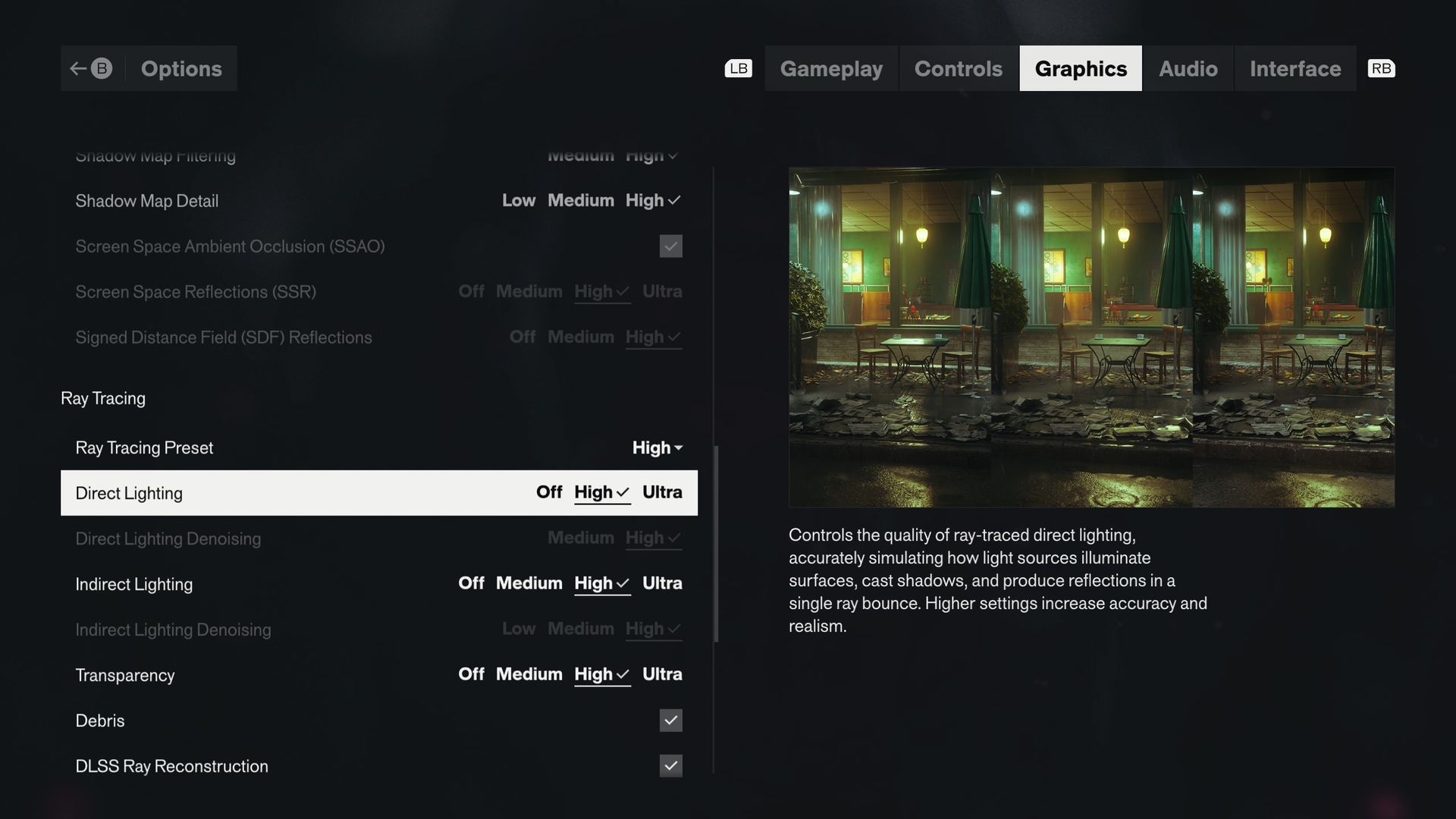 The graphics setting menus for Control Resonant