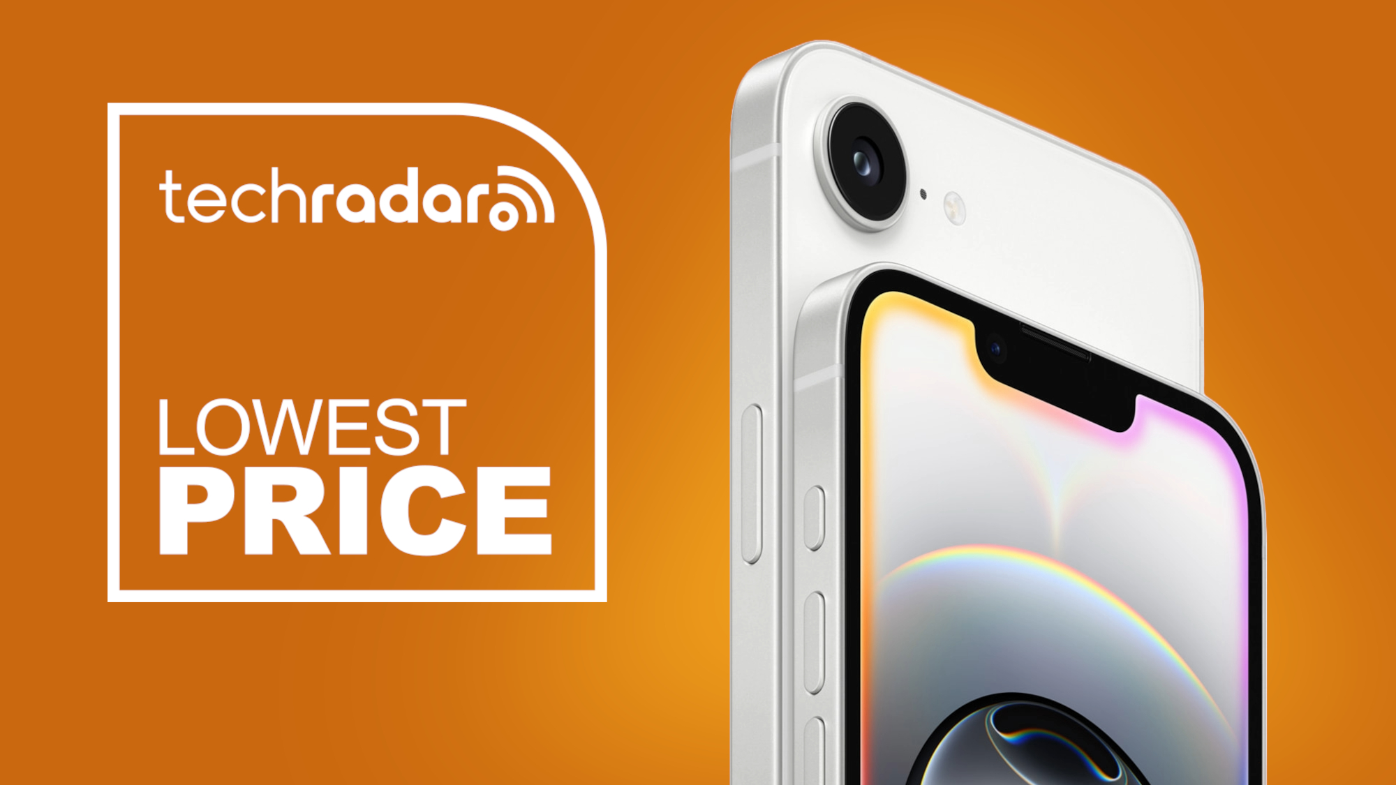 iPhone 16e on an orange deals background