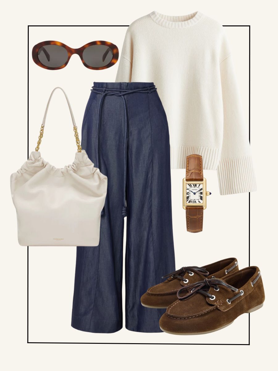 Brown sunglasses, navy trousers, white knitted pullover, cream handbag, brown loafers, brown and gold watch