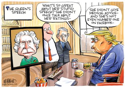 Political Cartoon U.S. Trump confused with Queen speech no medical advice TV ratings fast food