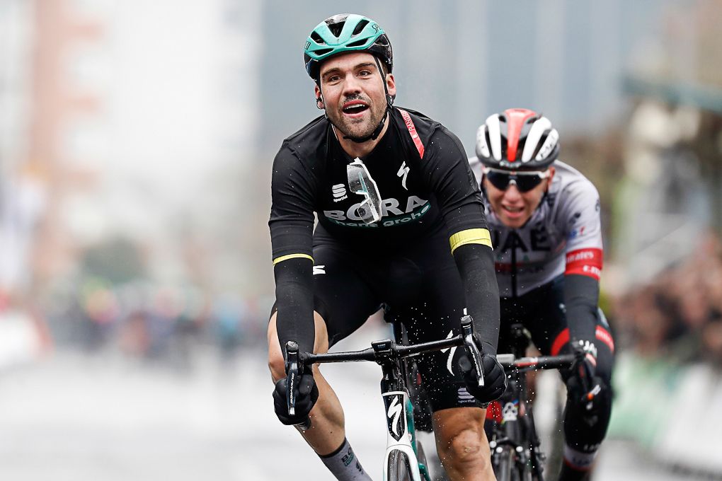 Maximilian Schachmann (Bora-Hansgrohe) and Tadej Pogacar (UAE Team Emirates) finish first and second on stage 4 at Pais Vasco