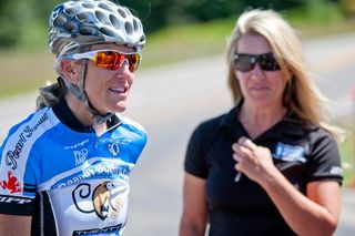 With team director Nicola Cranmer looking on, Kristin Armstrong discusses her victory in the Snowmass Circuit Race. Armstrong assumes the overall race lead following the second stage.