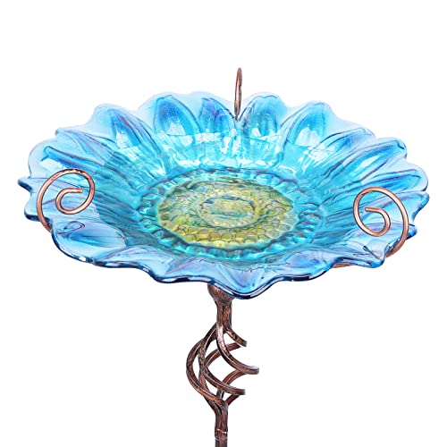 Bird Baths for Outdoors, Glass Birdbaths Outdoor Garden Birdfeeder With Metal Stake Blue (height:31inch)