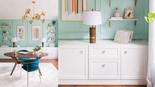 home office with white paneled cabinetry showing a clever IKEA Besta hack