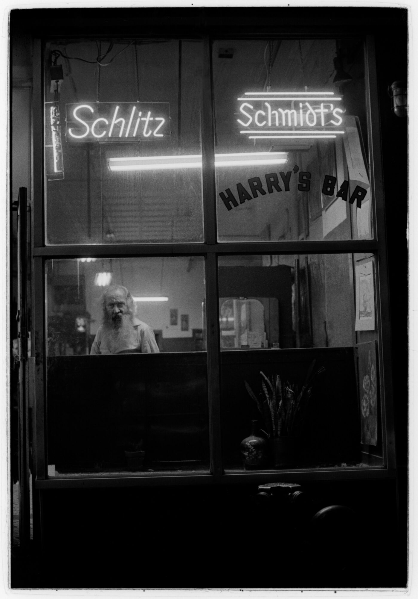 A bearded man stares out through the window of a bar at night, framed by glowing neon Schlitz and Schmidt's signs and the words &amp;quot;Harry's Bar&amp;quot; on the glass.