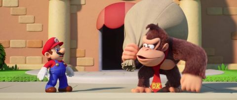 Mario and Donkey Kong seen in a cutscene in Mario vs. Donkey Kong on Nintendo Switch.