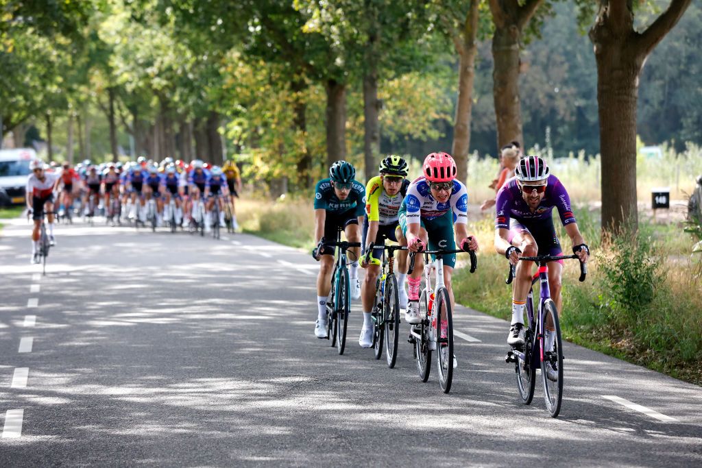 BREDA NETHERLANDS AUGUST 21 LR Pau Miquel Delgado of Spain and Team Equipo Kern Pharma Jan Bakelants of Belgium and Team Intermarch Wanty Gobert Matriaux Julius Van Den Berg of Netherlands and Team EF Education Easypost Polka dot mountain jersey and Ander Okamika Bengoetxea of Spain and Team Burgos BH compete in the breakaway during the 77th Tour of Spain 2022 Stage 3 a 1932km stage from Breda to Breda LaVuelta22 WorldTour on August 21 2022 in Breda Netherlands Photo by Bas CzerwinskiGetty Images