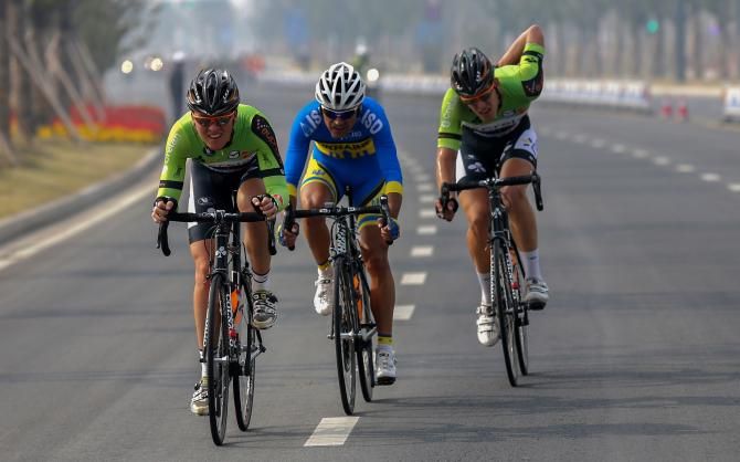 The trio remaining in the breakaway: Klaas Sys, Vitaliy Buts and Jonathan Breyne