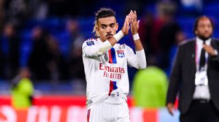 Chelsea-linked Malo Gusto of Lyon applauds the fans after the Ligue 1 match between Lyon and PSG on 18 September, 2022 at the Groupama Stadium in Lyon, France.