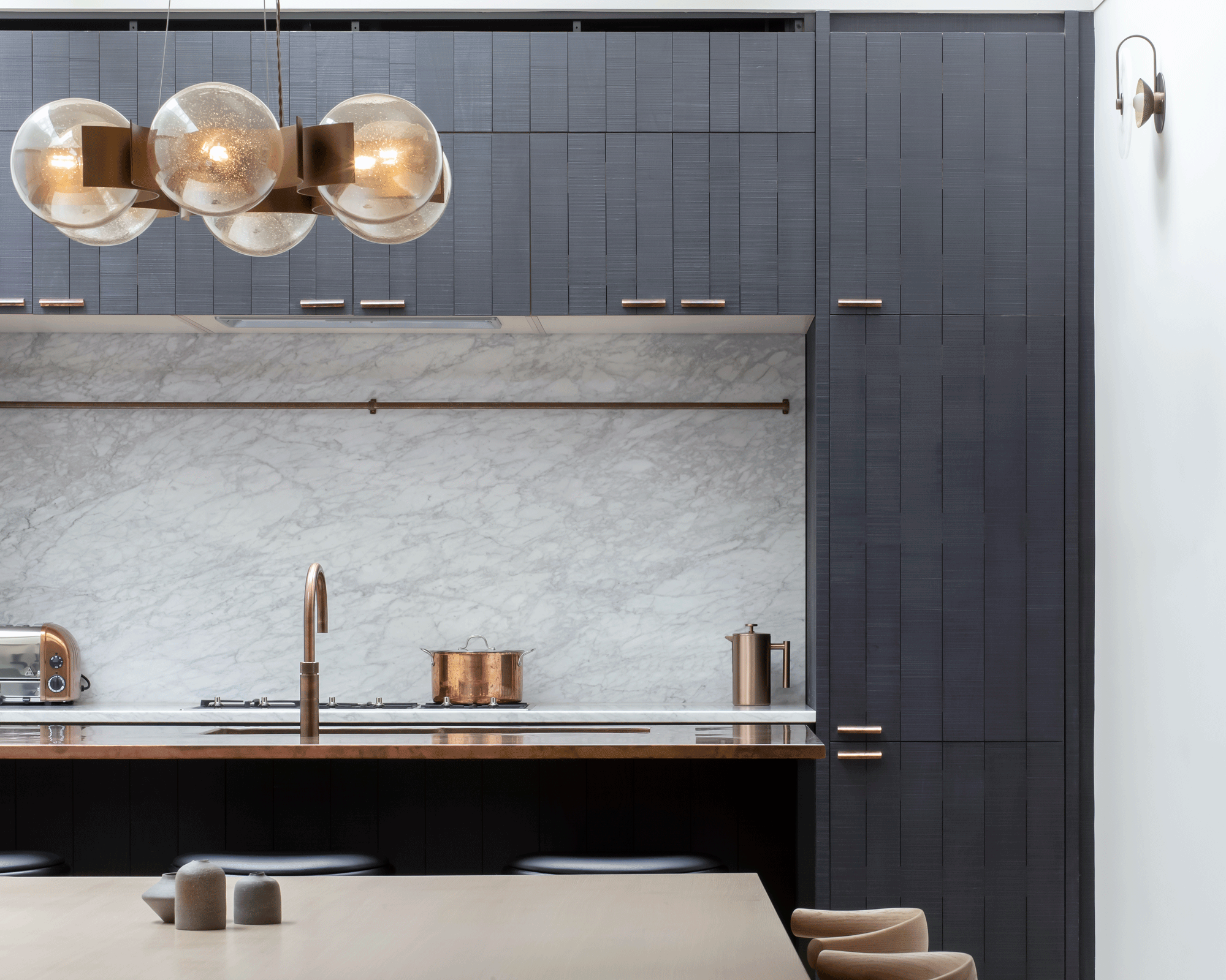 wood kitchen cabinet ideas - grey kitchen with brass accents