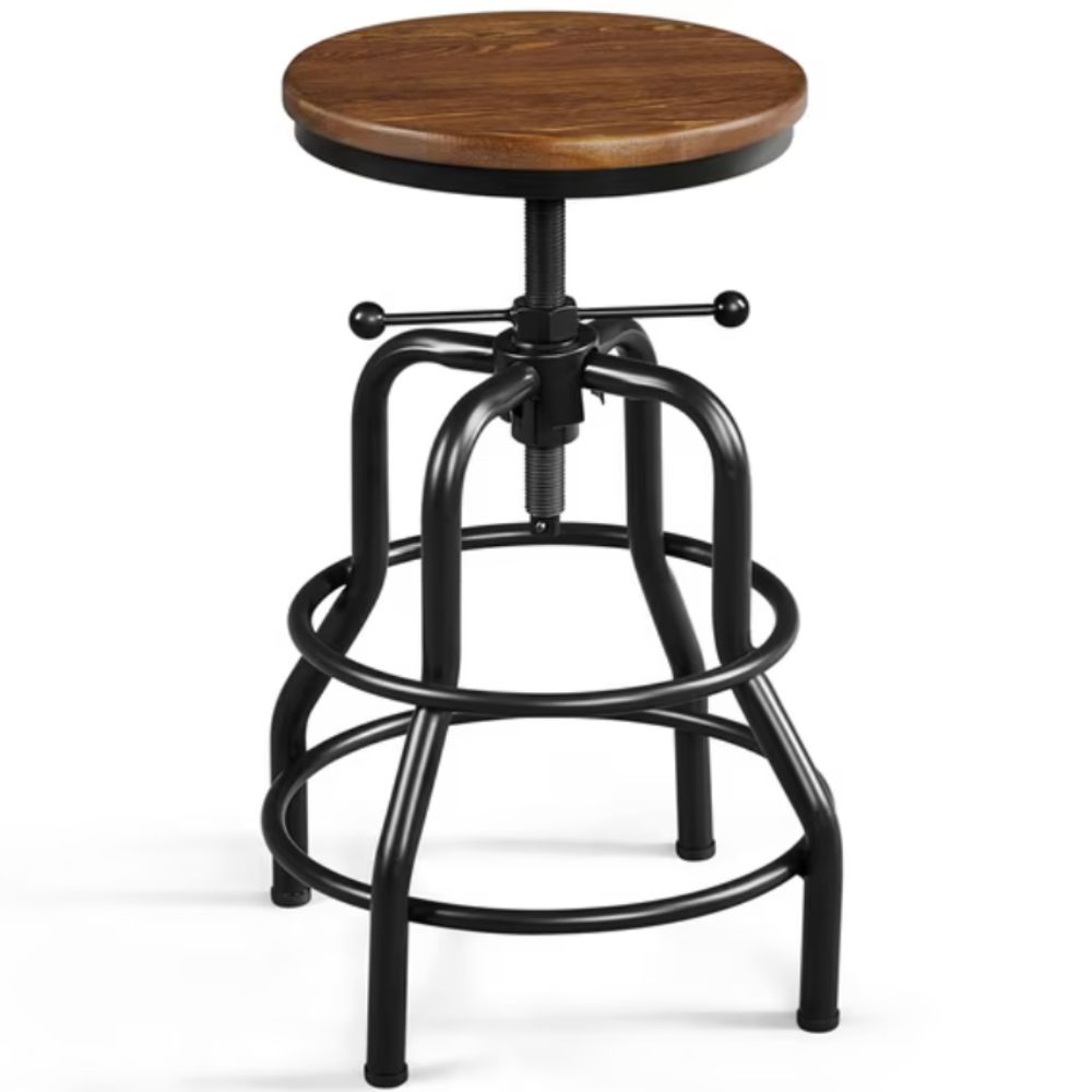 Industrial metal stool with wooden seat