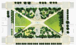 Ariel drawing of the public space with four triangular areas within the rectangular park area.