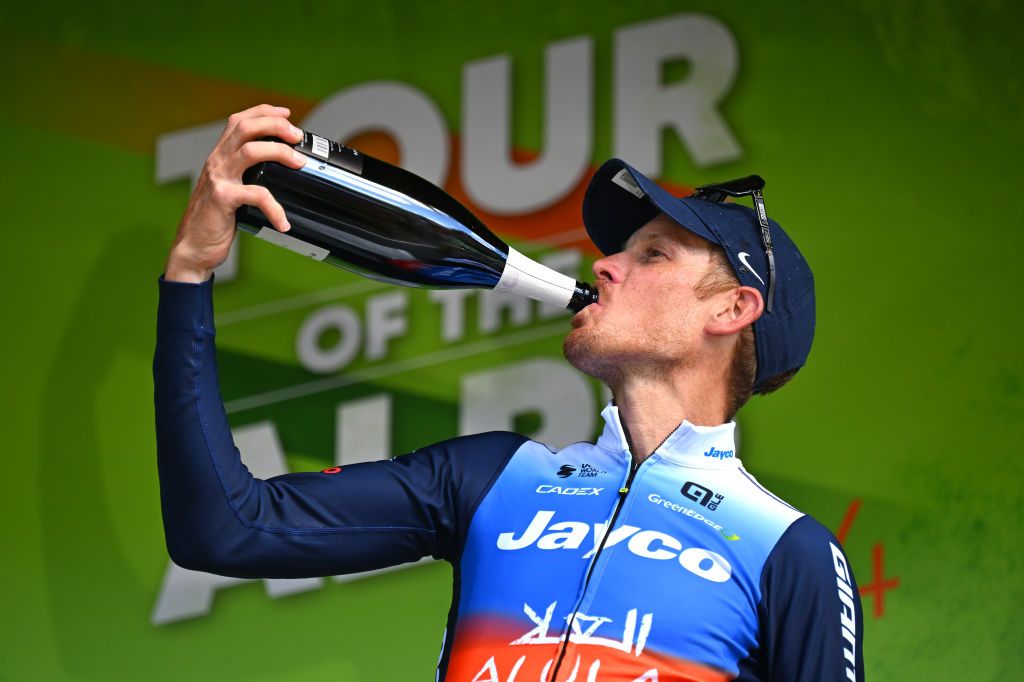 Alessandro De Marchi celebrates his Tour of the Alps stage win