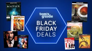 A blue Tom's Guide Black Friday image with several Blu-ray boxes on each side