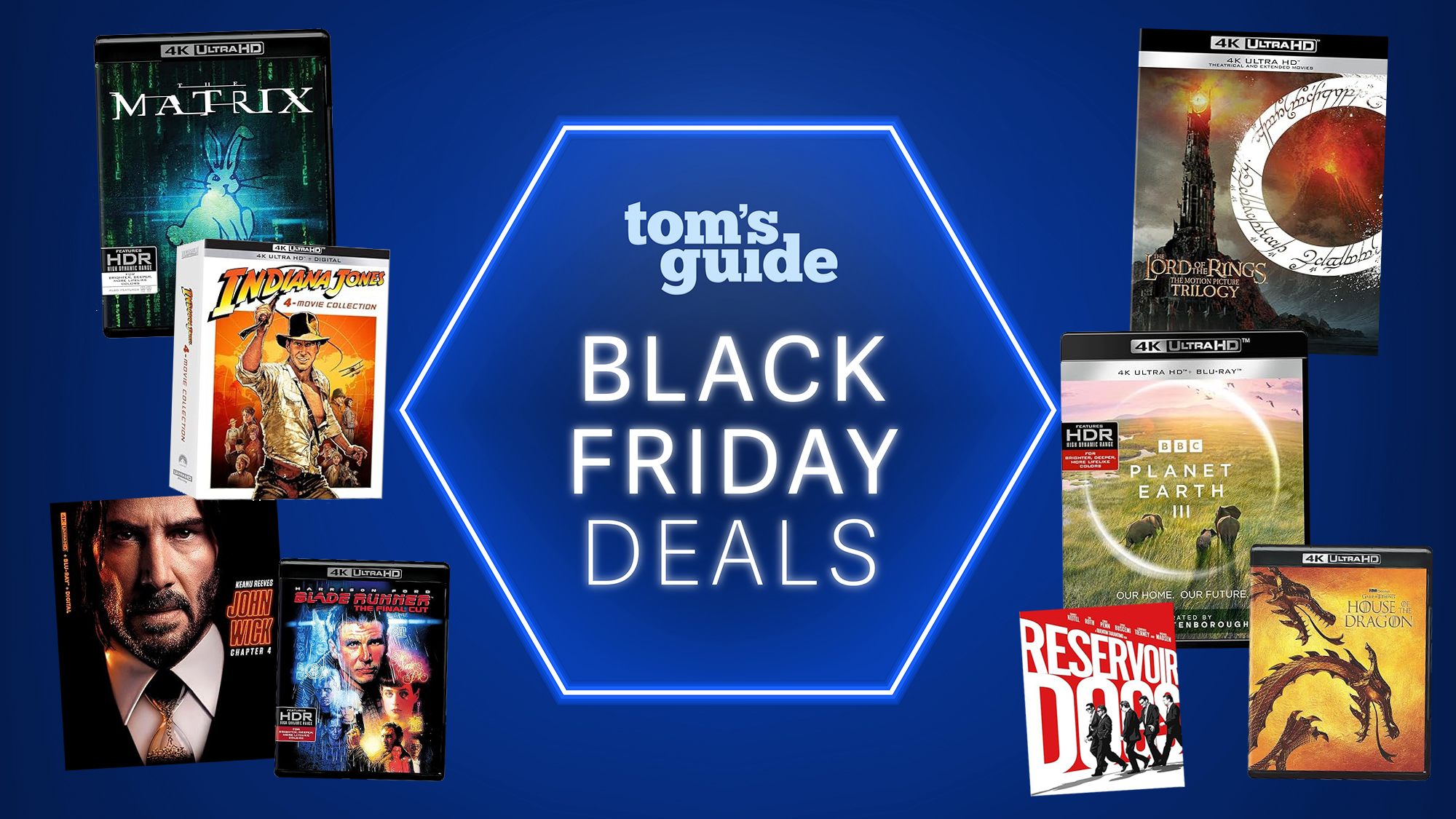 A blue Tom&#039;s Guide Black Friday image with several Blu-ray boxes on each side