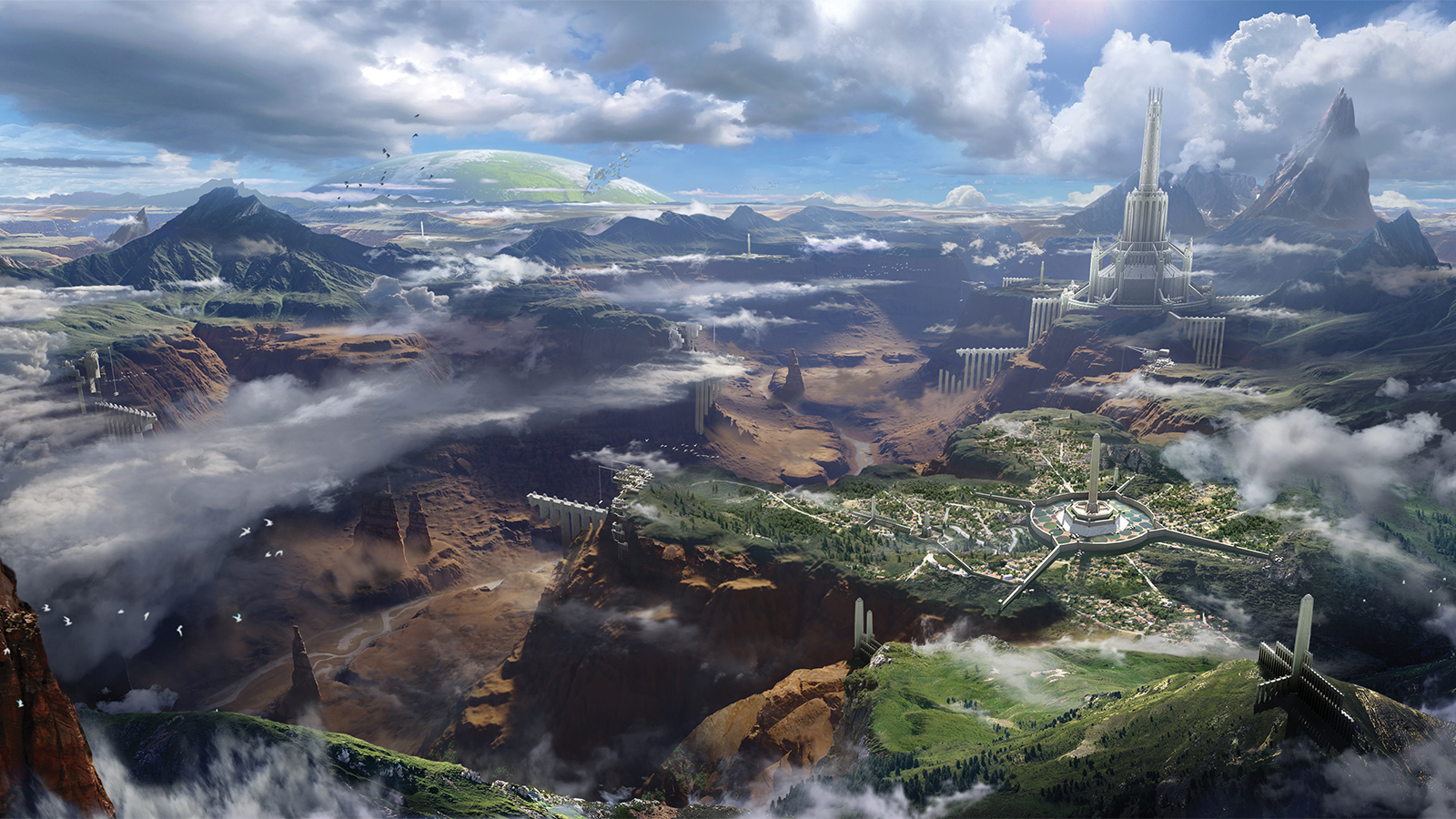 A 3D render of a fantasy landscape, a castle and canyon