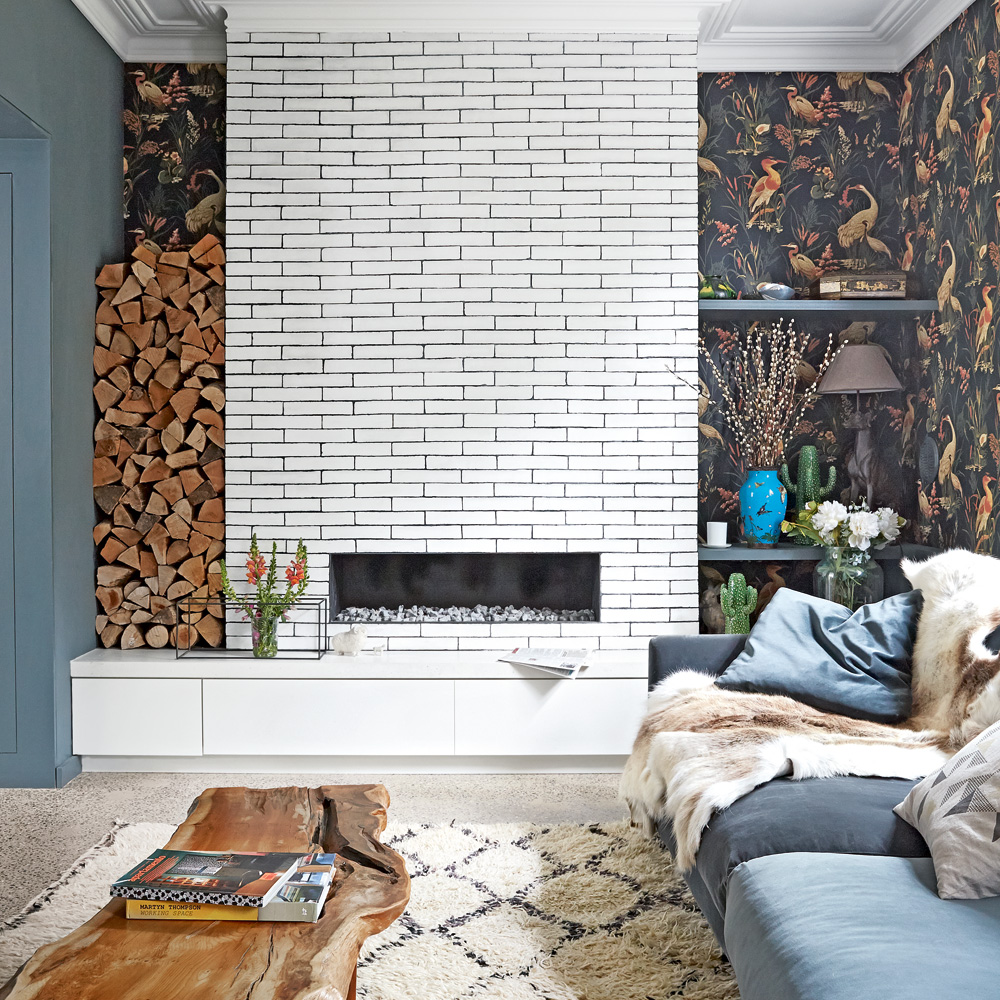 living room with tree bark coffee table