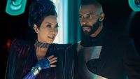 A scene from the movie Star Trek: Section 31 showing a man and a woman in sci-fi formal attire.