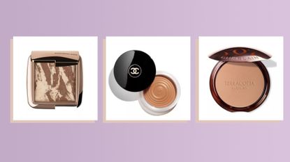 three of the best bronzers on a collage with a lilac background including chanel, tom ford and guerlain