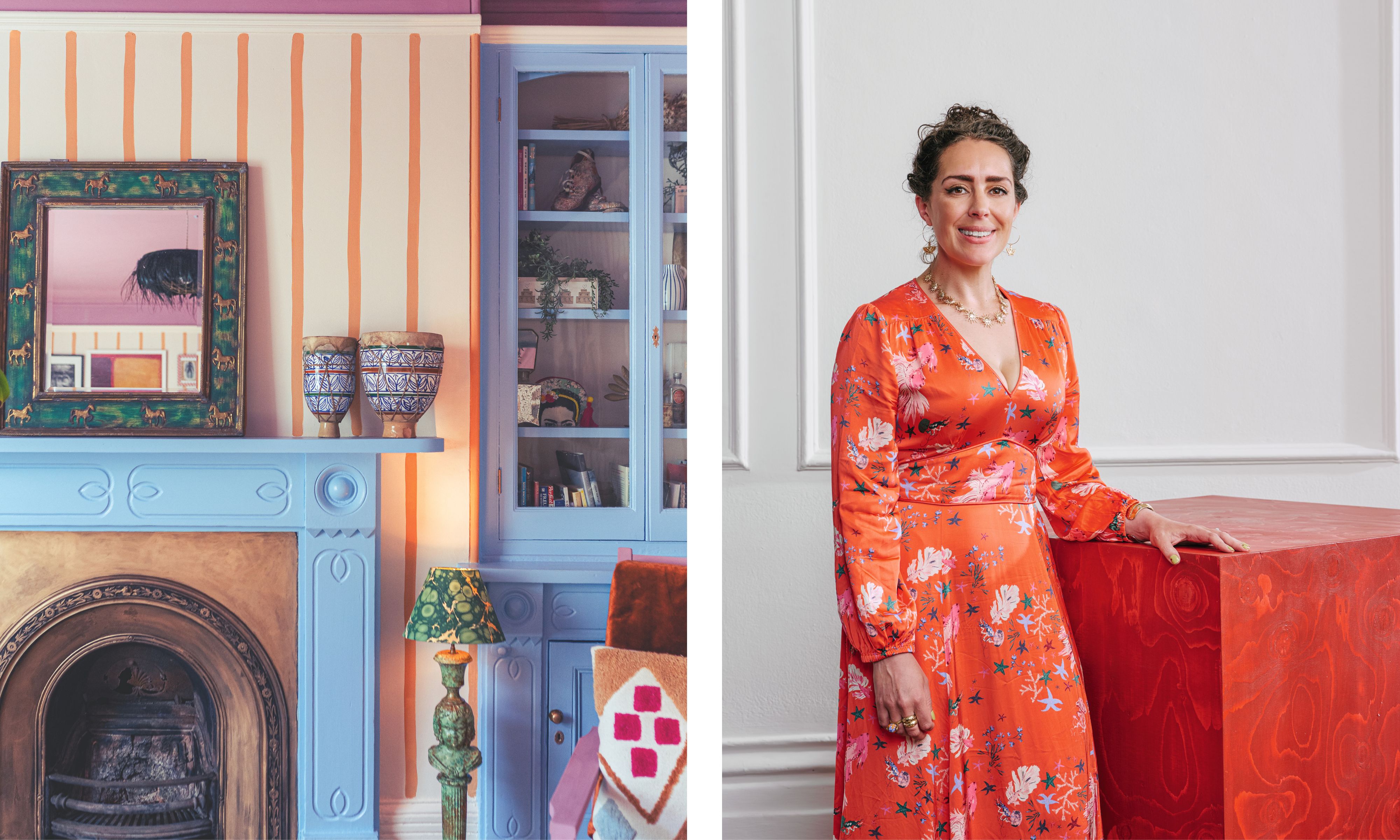 A vibrant room with a blue fireplace and orange striped wallpaper. Right: Designer Abbey Downey in a bright orange floral maxi dress stands next to a large red textured cube.