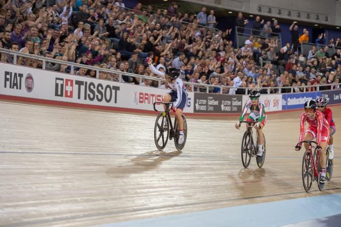 Laura Trott (Great Britain) celebrates winning the women's omnium gold medal
