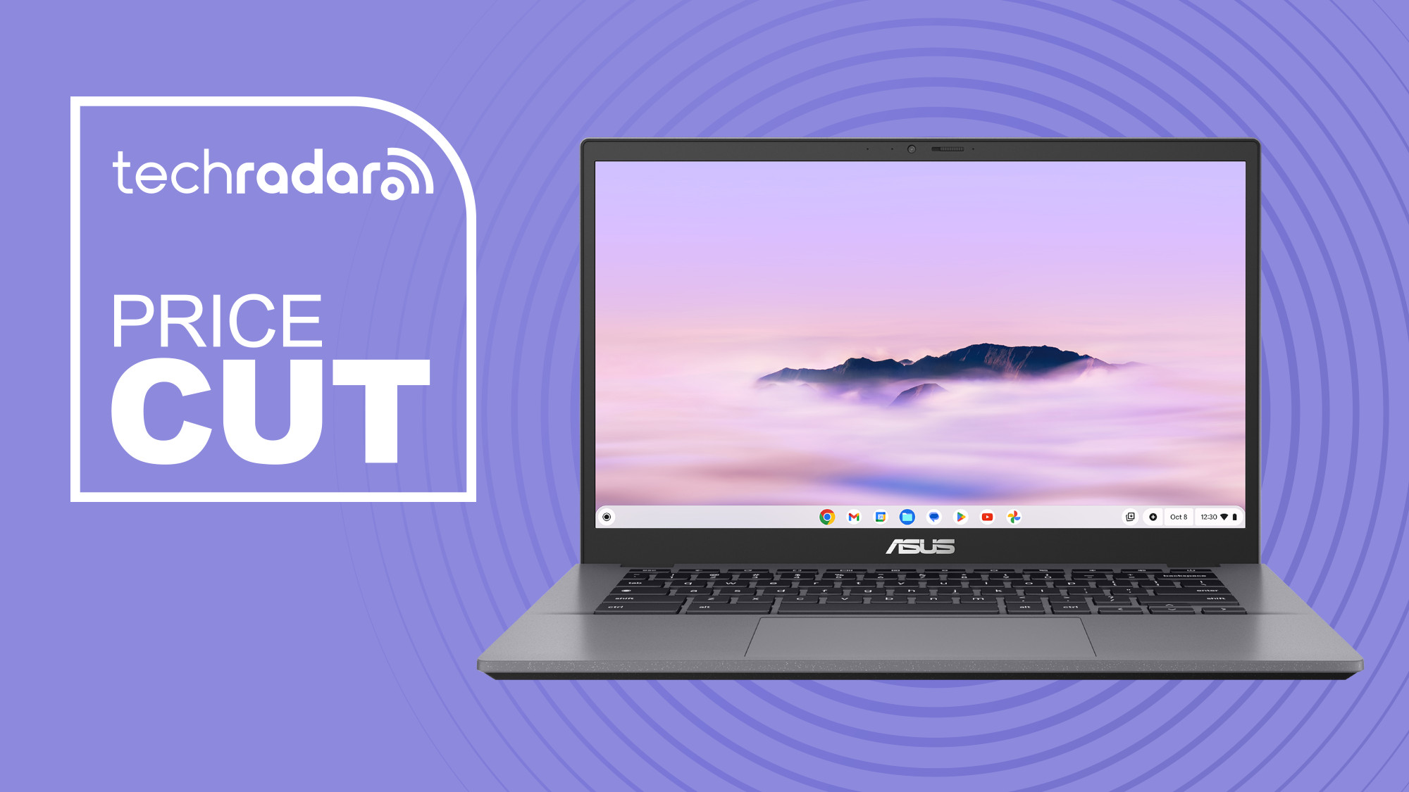 Asus CX34 Chromebook on purple background with price cut text overlay