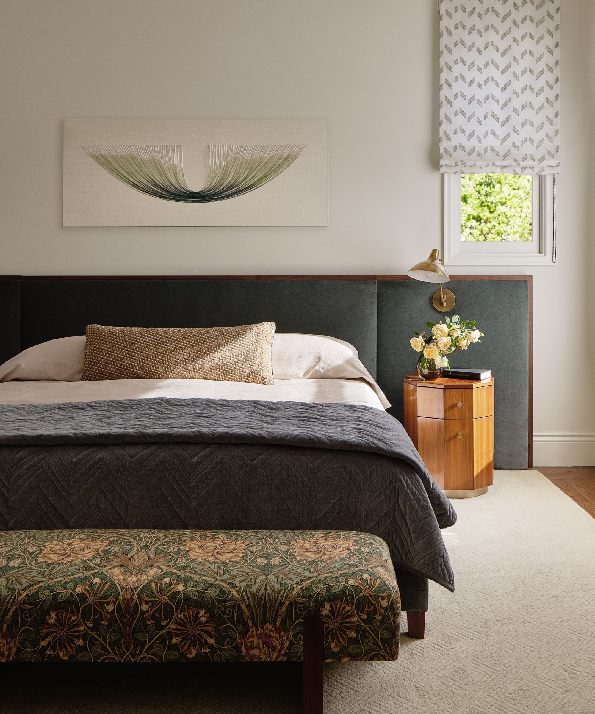 main bedroom upholstered bedhead william morris bench