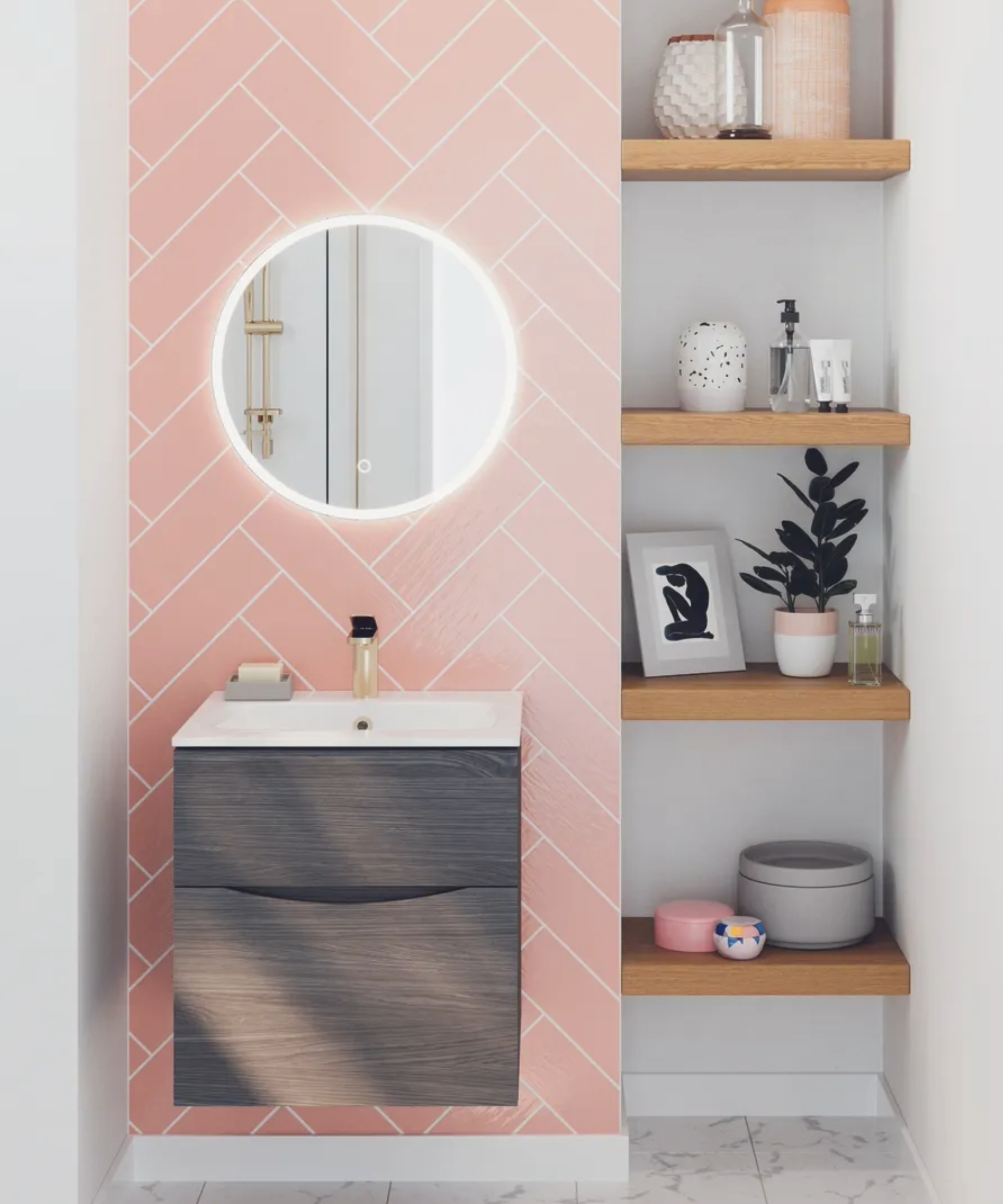 pink herringbone bathroom feature wall in small bathrooms