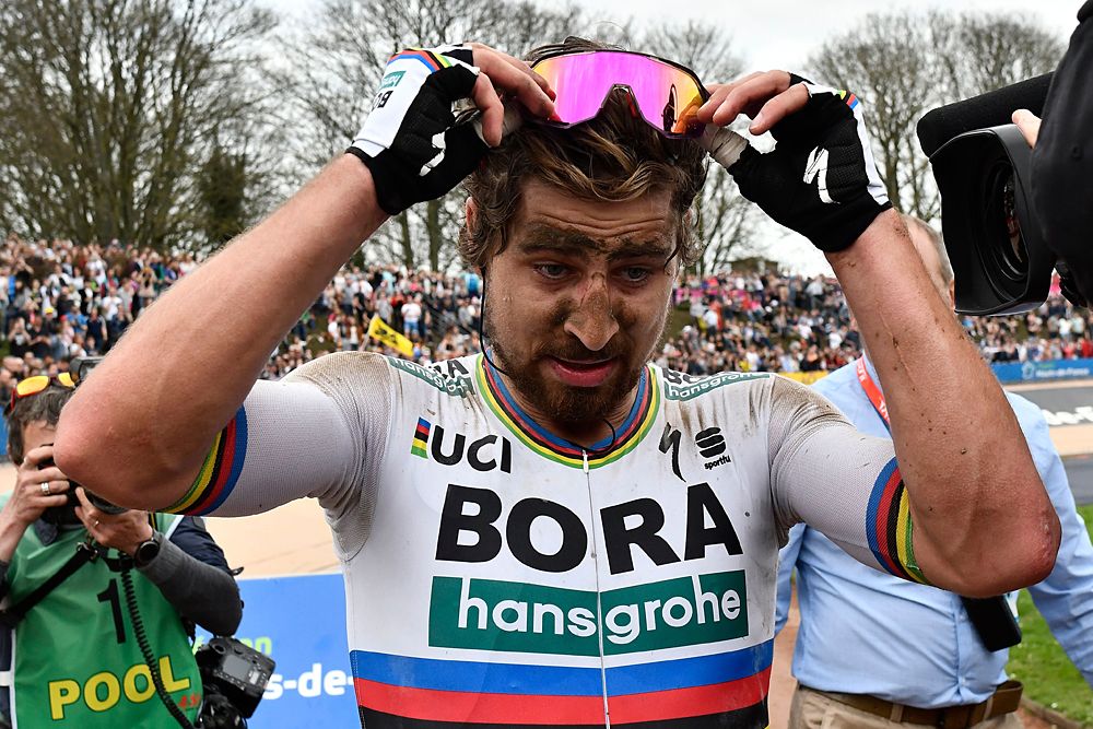 Peter Sagan removes his sun glasses after winning Paris-Roubaix